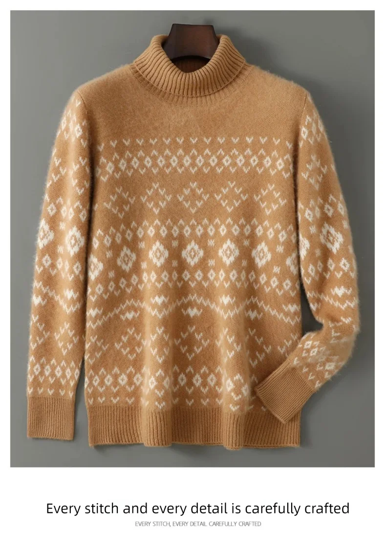 New 100% Pure Wool Cashmere Men's O-neck Pullover 2025 Autumn/Winter Color Matching Top Casual Thick Fashion Large Size Jacket