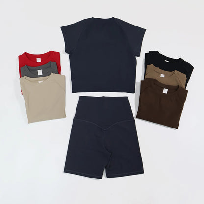 Summer Women's Two-Piece Fitness Set Woman's Short-Sleeve Quick-Dry Yoga Wear for Outdoor Running Sports Female 2Pcs Suit
