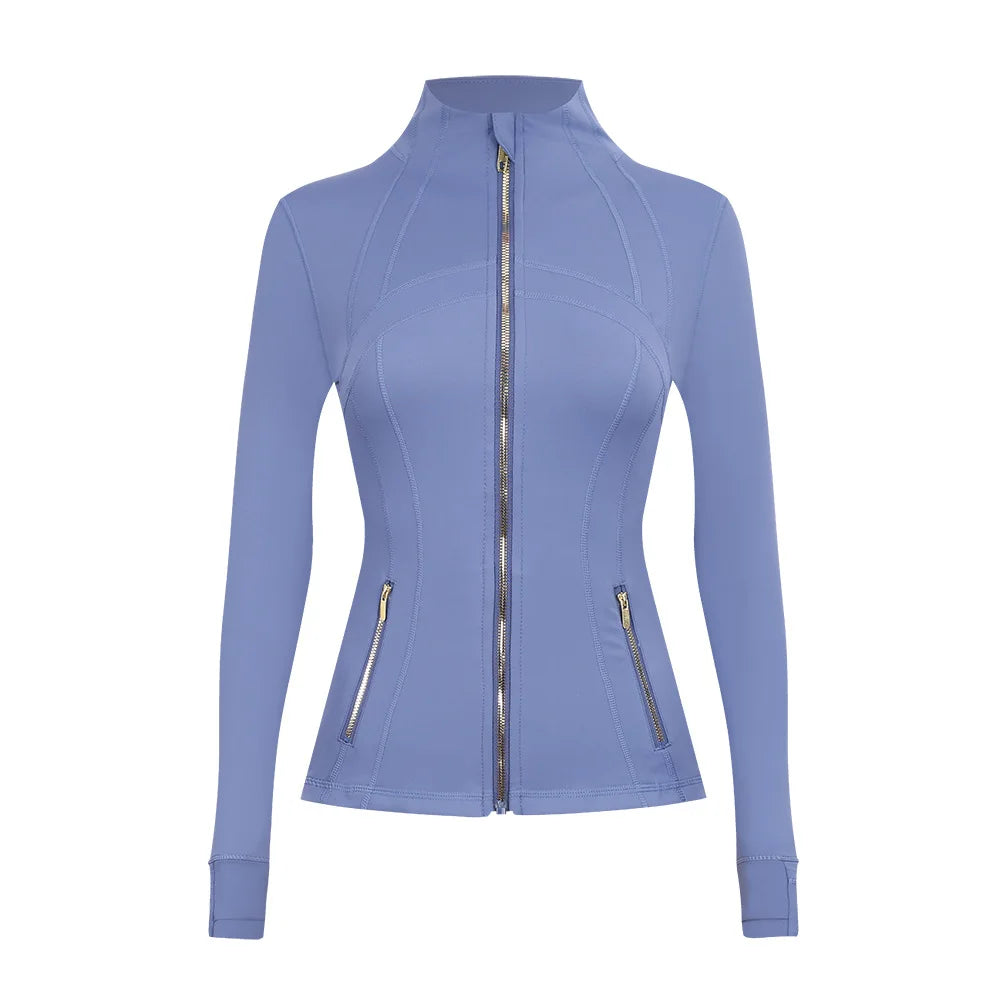 Personalized LOGO custom women's gold zip jacket tight stand-up collar quick-drying fitness running yoga suit 41-color S-3XL top