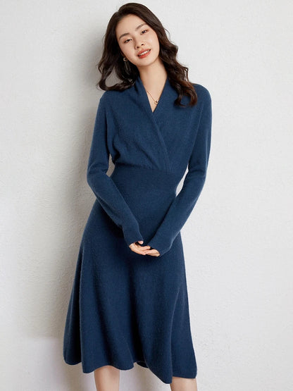 CHICUU Women 100% Cashmere Dresses V-neck Waist Cinching Dresses Autumn Winter Office Lady Grace Luxury Cashmere Knitwear