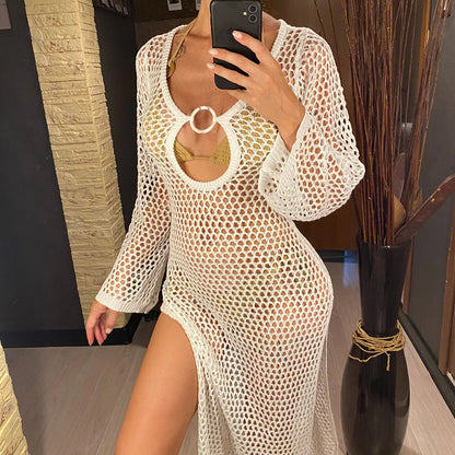 Sexy Hollow Out Long Sleeve Crochet Knitted Tunic Beach Dress Beach Wear Beachwear Beach Cover Up Cover-upsFemale Women V5567