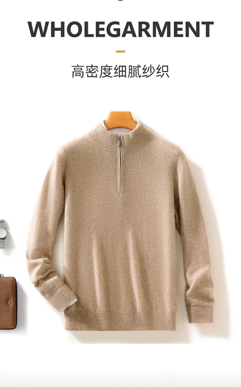 High-end 100% Cashmere Pullover for Men Mock Collar Thick Sweater Autumn Winter Knitted Jumper Warm Clothing Smart Casual Top