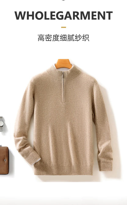 High-end 100% Cashmere Pullover for Men Mock Collar Thick Sweater Autumn Winter Knitted Jumper Warm Clothing Smart Casual Top