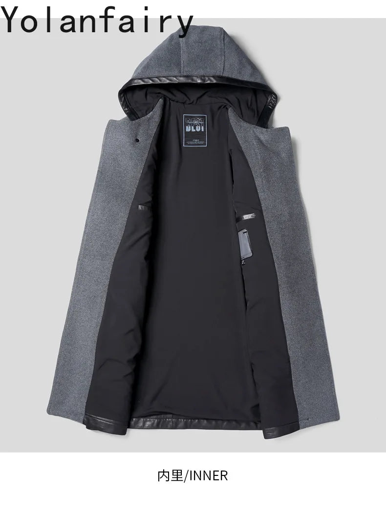 YOLANFAIRY Luxury Woolen Jackets for Man Autumn Winter Mid-length Pure Wool Patchwork Sheepskin Trench Coat Hooded Mens Jacket