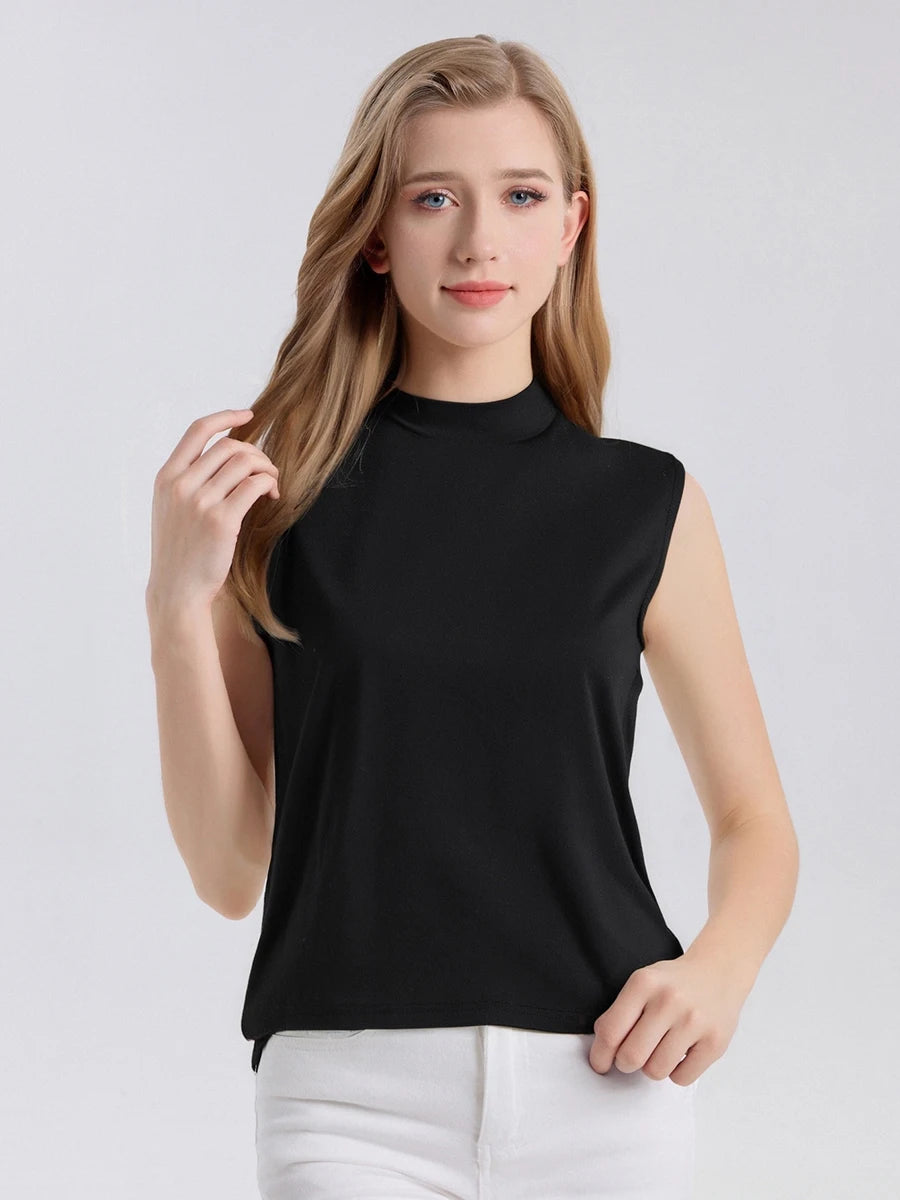 SuyaDream. Women Solid Tanks, 92%Real Silk, Mock Neck, Sleeveless Chic T Shirt, 2025 Solid Summer Vests