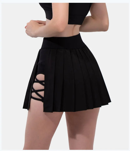 Safe Tennis Skirts with Pocket Shorts Gym Bandage Cross Running Sport Pleated Pantskirt Fitness High Waist Running Yoga Skort