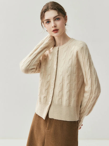 CHICUU Women's O-neck Cashmere Cardigan 100% Cashmere Sweater Cable Knit Preppy Style Cardigan Coat Autumn Winter Clothes Tops