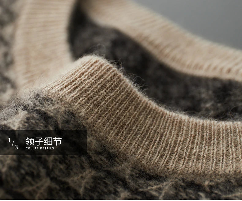 Men's Jacquard Striped 100% Pure Cashmere Pullover Sweater Autumn and Winter Thick base Sweater Casual Warm Clothing Men's Tops