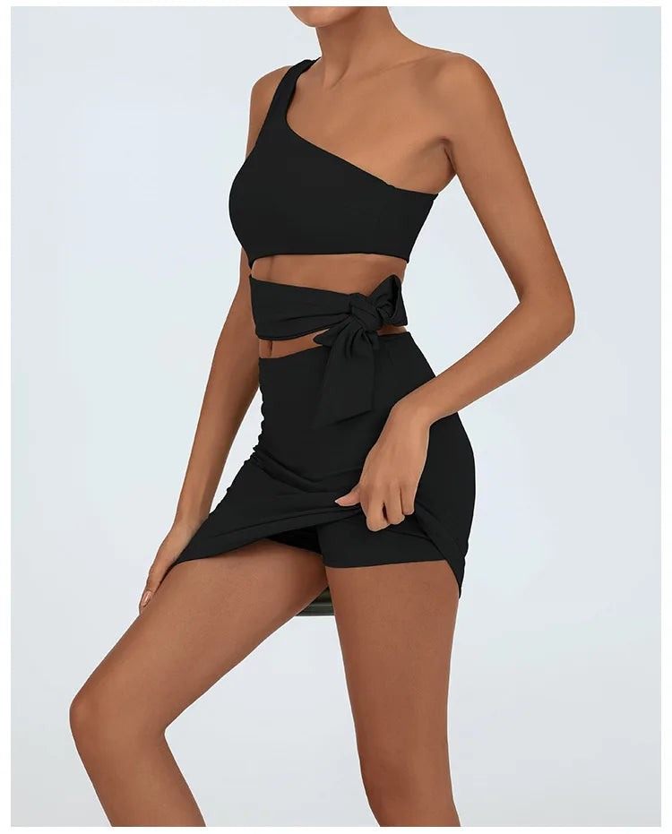Tennis Dress Women Golf One Shoulder Hollow Out Bandage Slim Fit Fitness Tennis Short Skrit Badminton Dress One-Pieces Yoga Set