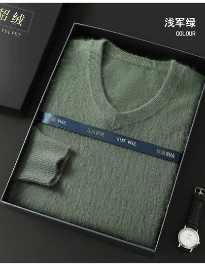 100% Pure Mink Cashmere Sweater Men's V-Neck Pullovers Knit Large Size Mink Sweater Winter New Long Sleeve High-End Jumpers Tops