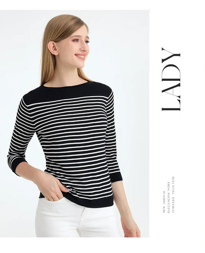SuyaDream, Striped Pullovers for Woman, Round Neck, 45%Silk 55%Lyocell, 3/4 Sleeves, Chic Sweaters, 2025 Fall Winter Top, Black