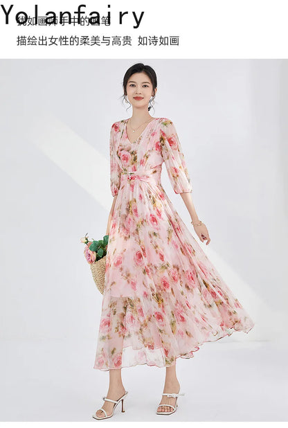 YOLANFAIRY 100% Real Silk Floral Dresses Woman Summer Clothes Elegant Mulberry Silk Pink Dress Romantic Women's Birthday Dress