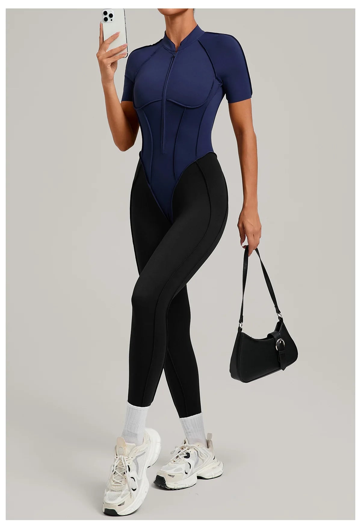 SOISOU Zipper Jumpsuit Women Nylon Clothing Sportswear Woman Gym Yoga Sport Sets Short Sleeve Workout Sets Women Tracksuit