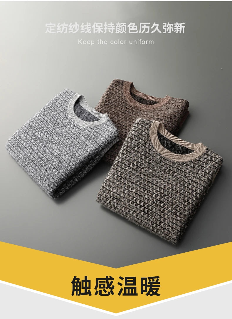 Men's Jacquard Striped 100% Pure Cashmere Pullover Sweater Autumn and Winter Thick base Sweater Casual Warm Clothing Men's Tops