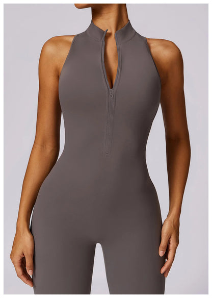 Summer V Back One-piece Suit Women Sports Jumpsuit Zippers Yoga Rompers Backless Sportswear Women Sleeveles Workout Bodysuits