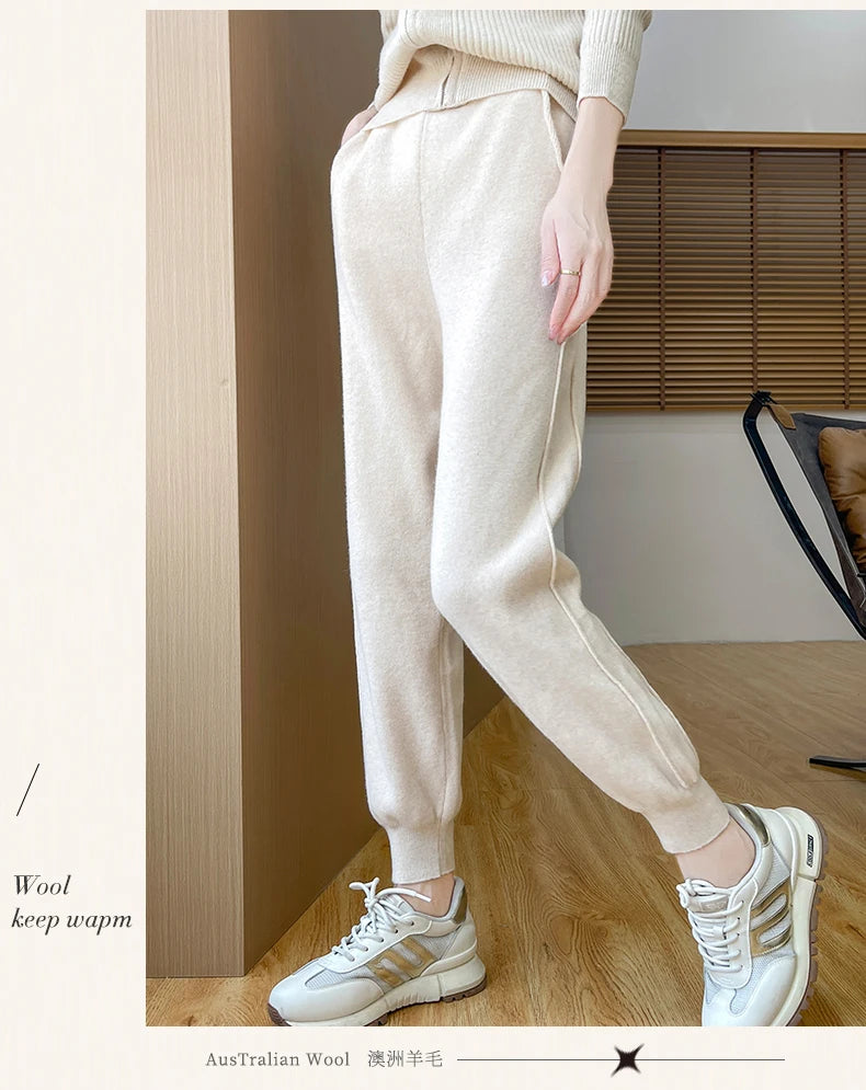 DjzDsm Women's Wool Pencil Pants Autumn Winter 100% Merino Wool Knitted Trousers Thick Soft Warm Pocket Casual Style Comfy Pants