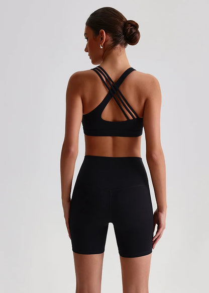 Solid Color High Impact Solid Gym Yoga Set Tight Legging Fitness Cross-back straps Bra Top 2pcs Soft Sport Suit  Women Sportwear