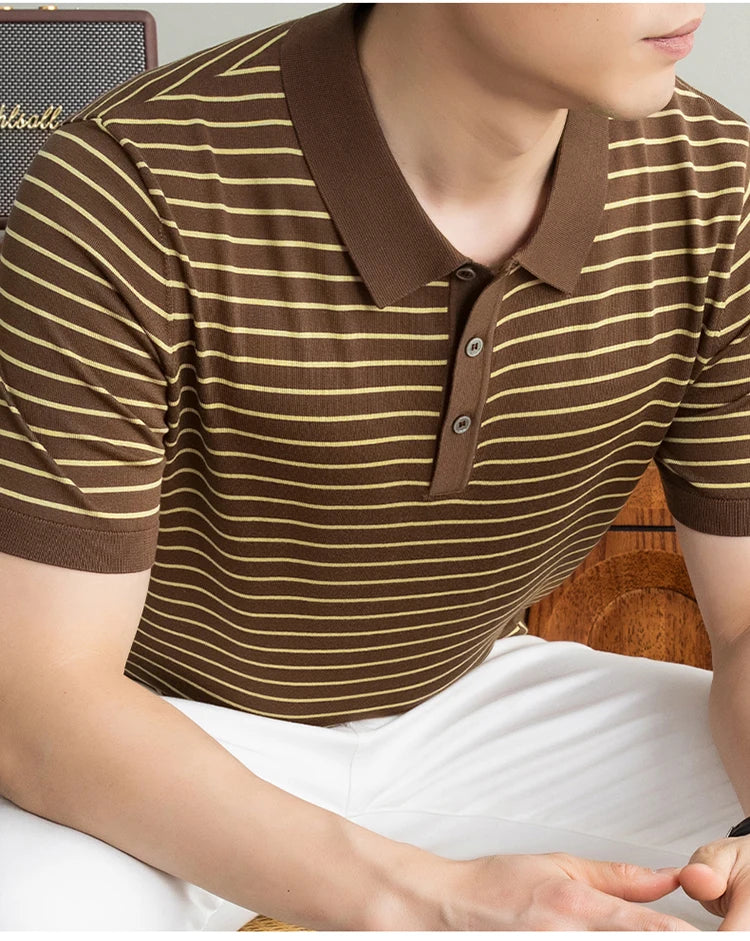 Men's Lyocell shirt summer new casual striped short sleeved T-shirt Polo collar breathable comfortable knitted pullover