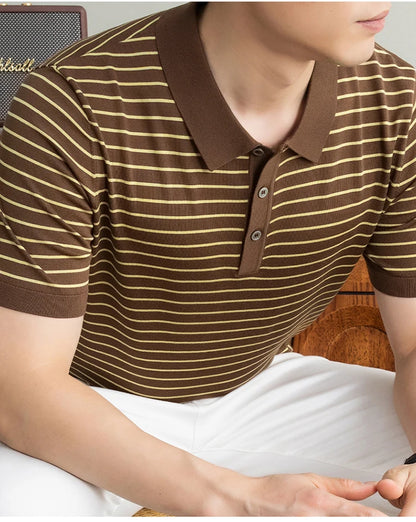 Men's Lyocell shirt summer new casual striped short sleeved T-shirt Polo collar breathable comfortable knitted pullover