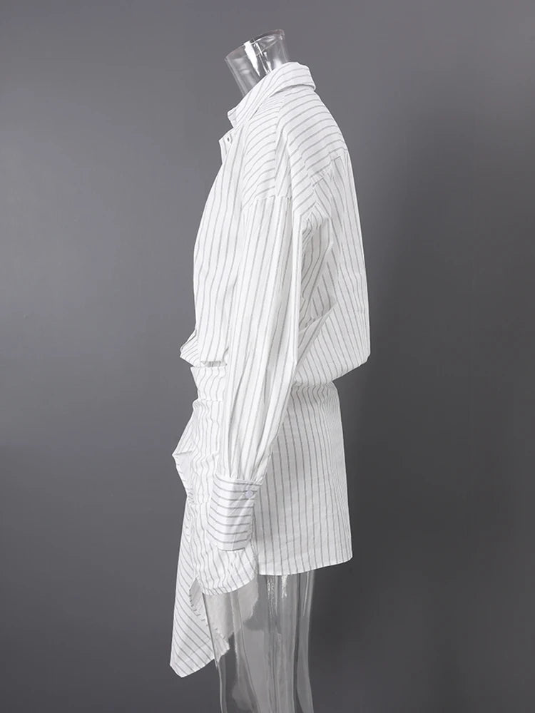 DEAT Fashion Striped Wrap Tie Waist Shirt Mini Dress Women's Lapel Asymmetric Ruched Hem Striped Bodycon Dresses Summer New