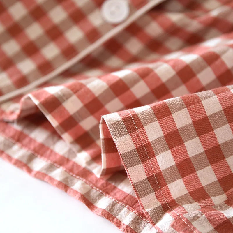 2026 New Japanese Spring and Autumn Couple Pajama Set 100% Cotton Men's and Women's Plaid Long Sleeve Two Piece Home Furnishing