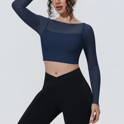 Hearuisavy Women's Mesh Long Sleeve Yoga Top With Padded Bra Fake Two Piece Gym Clothing Fitness Top Quick Dry Sports Crop Top
