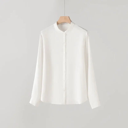 YOLANFAIRY 93% Natural Mulberry Silk Shirts Woman 2026 Stand Collar Long Sleeve Blouse Women Elegant White Shirt OL Ladies Tops