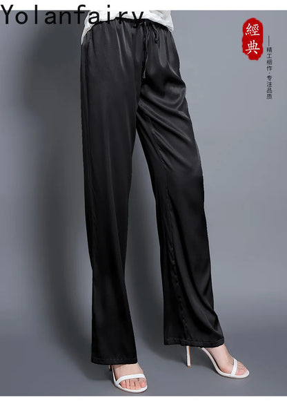 YOLANFAIRY Casual Wide Leg Pants Summer 95% Real Mulberry Silk Women's Pants Korean Loose Trousers Woman Silk Pants Full Length