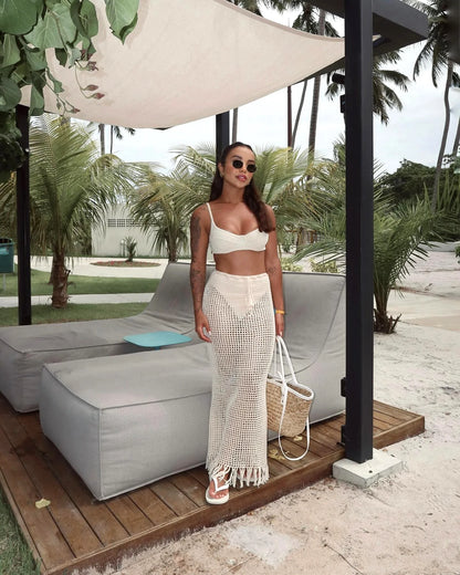 Sexy Summer Knit Cut Out Beach Half Skirt Women Chic Drawstring Fringed Casual Wrap Skirts 2026 Pool Party Swimwear Cover Up K50