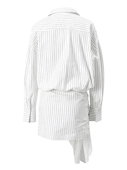 DEAT Fashion Striped Wrap Tie Waist Shirt Mini Dress Women's Lapel Asymmetric Ruched Hem Striped Bodycon Dresses Summer New