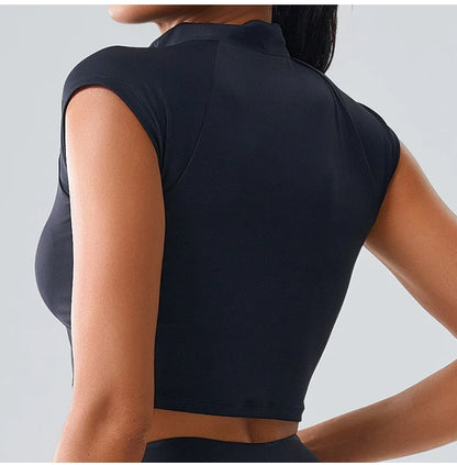 Zipper Sports Crop Top Women Short Sleeve Yoga Top Shirts Light Weight Gym Push Up Top Sports Shirt Running Workout Crop Tops