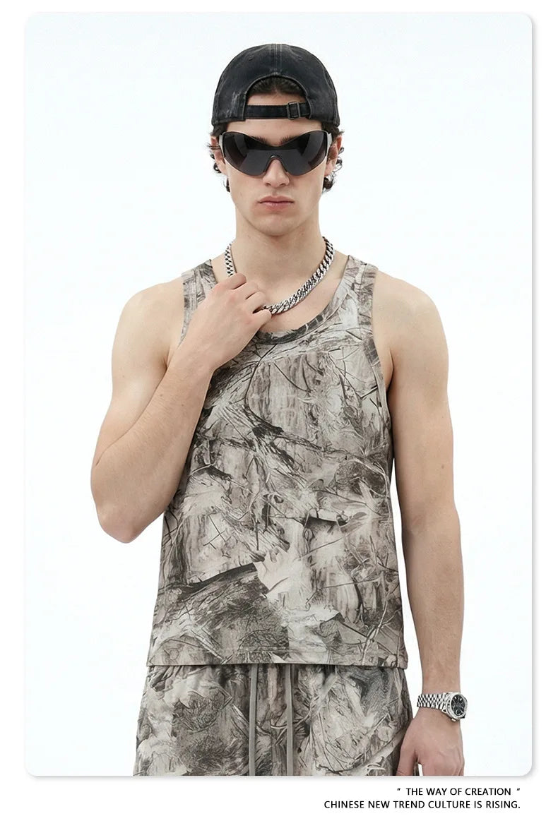 Custom LOGO men's 315G cotton polyester summer American street camouflage loose sports vest shorts outdoor fitness set