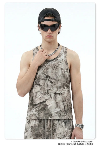 Custom LOGO men's 315G cotton polyester summer American street camouflage loose sports vest shorts outdoor fitness set