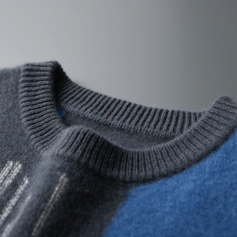 Men's 100% Merino Wool Color-Blocked O-Neck Sweater Long Sleeves Fashion Pullover Cashmere Loose Soft Warm Leisure Clothing Top