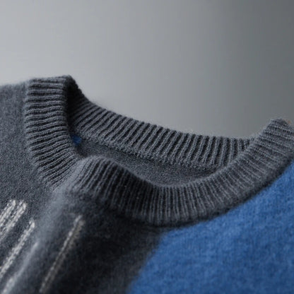 Men's 100% Merino Wool Color-Blocked O-Neck Sweater Long Sleeves Fashion Pullover Cashmere Loose Soft Warm Leisure Clothing Top