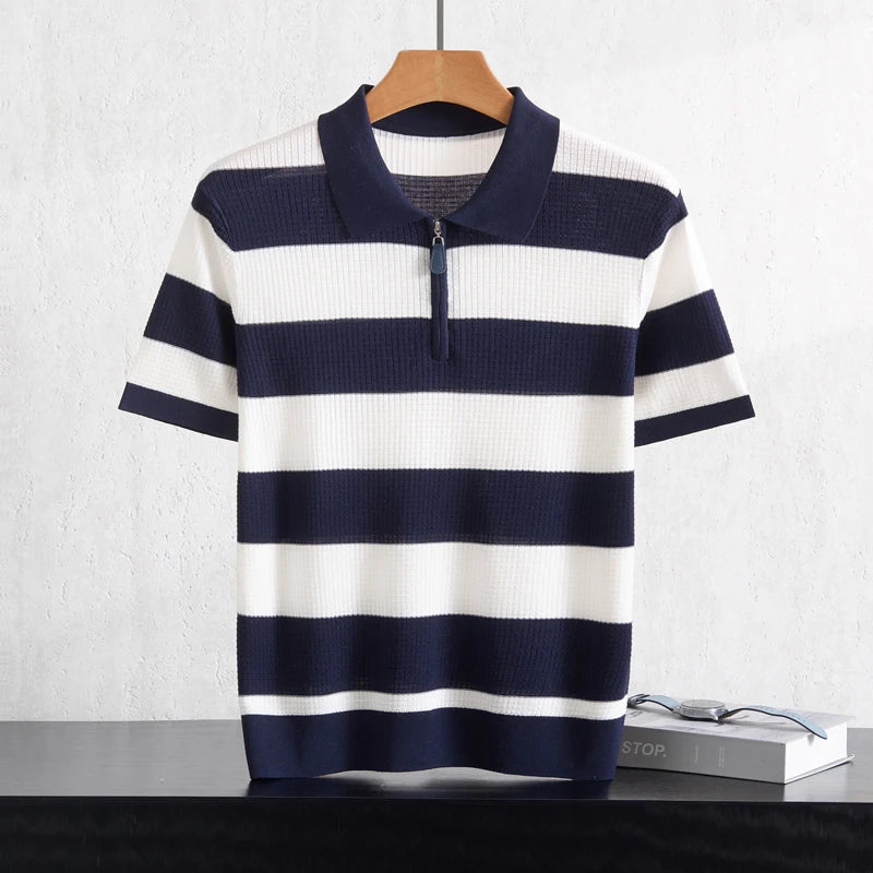 Men's 100% Lyocell POLO Collar Striped T-Shirt Knit Pullover Summer New Bussiness Casual Half-zip Short-sleeved Jumper Menswear