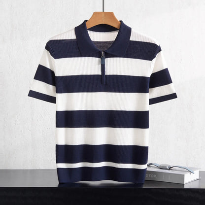 Men's 100% Lyocell POLO Collar Striped T-Shirt Knit Pullover Summer New Bussiness Casual Half-zip Short-sleeved Jumper Menswear