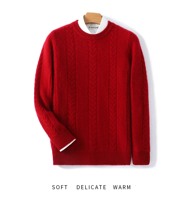 100% Merino Wool Sweater Men's Round Neck Thickened Tops Autumn Winter New Soft Warm Casual Solid Color Knitted Pullover