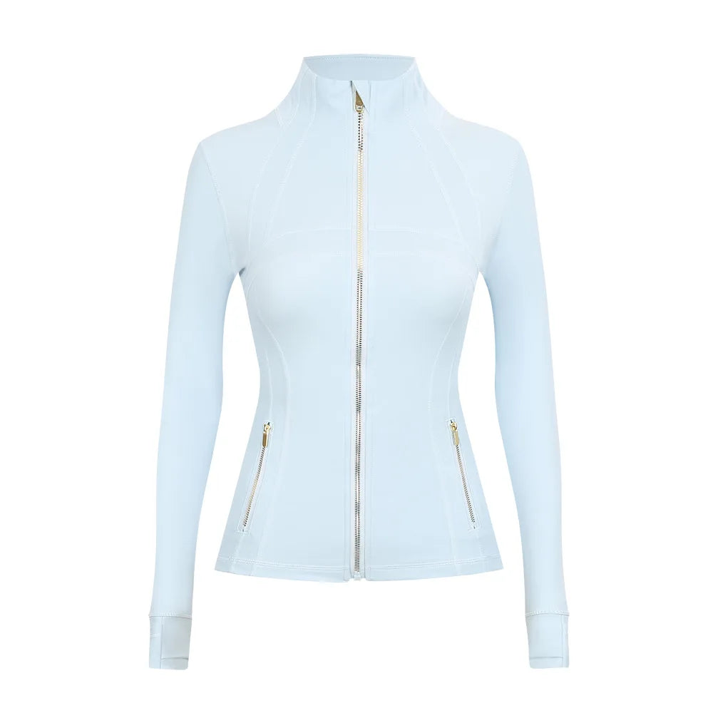 Personalized LOGO custom women's gold zip jacket tight stand-up collar quick-drying fitness running yoga suit 41-color S-3XL top