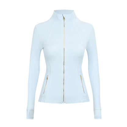Personalized LOGO custom women's gold zip jacket tight stand-up collar quick-drying fitness running yoga suit 41-color S-3XL top