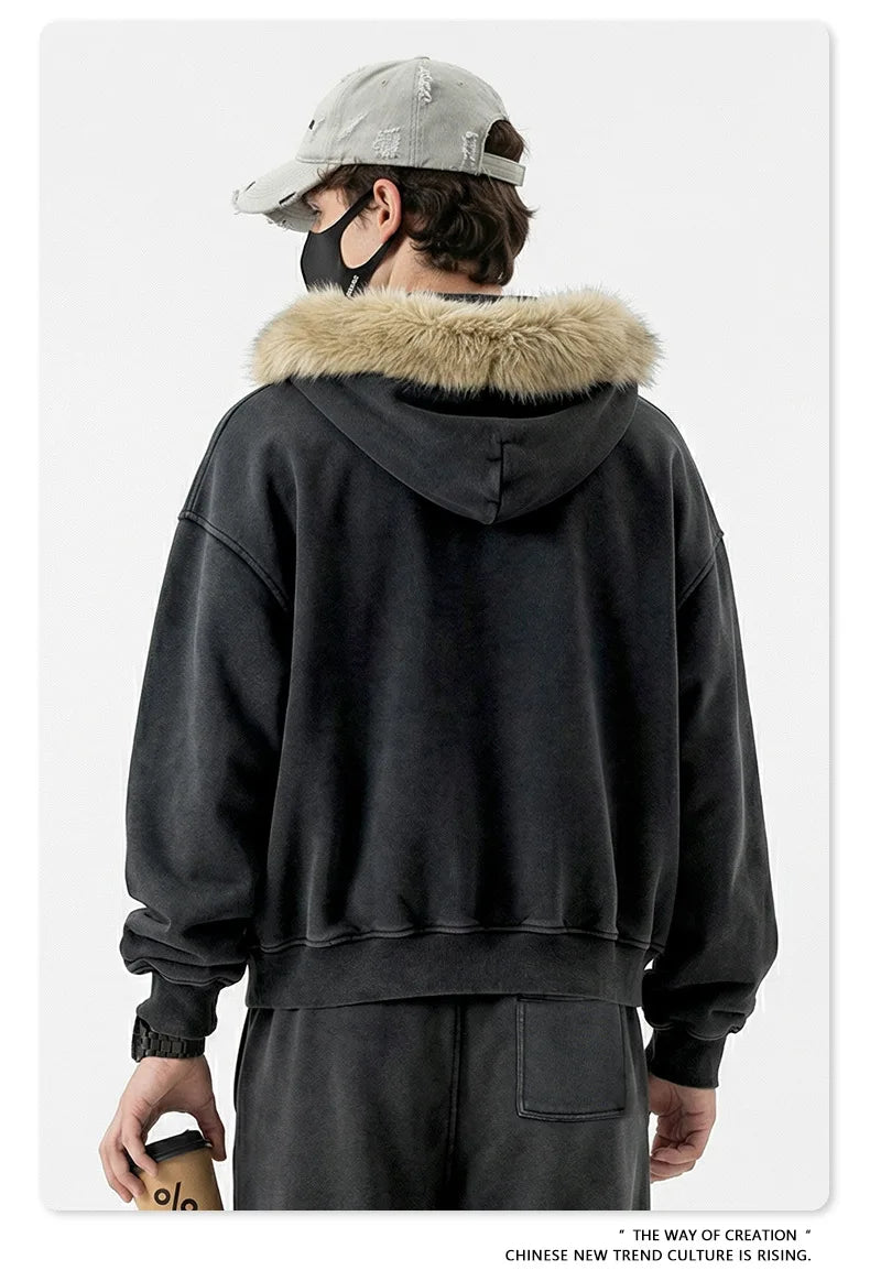 Custom LOGO Men's 400G Autumn Winter Retro Washed Boxy Fleece Collar Plush Thickened  Hooded  Zipper Jacket Couple style set