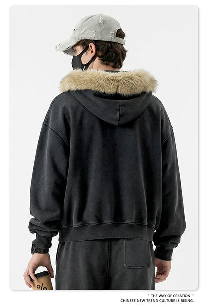 Custom LOGO Men's 400G Autumn Winter Retro Washed Boxy Fleece Collar Plush Thickened  Hooded  Zipper Jacket Couple style set