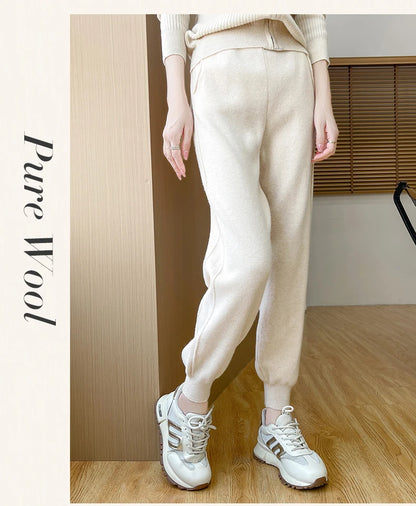 DjzDsm Women's Wool Pencil Pants Autumn Winter 100% Merino Wool Knitted Trousers Thick Soft Warm Pocket Casual Style Comfy Pants