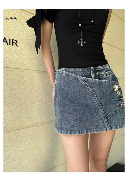 DEAT Fashion High Waist Button Detailed Washed Denim Mini Skirt Women's Wrap Design Streetwear Summer Bottoms New 7A4204