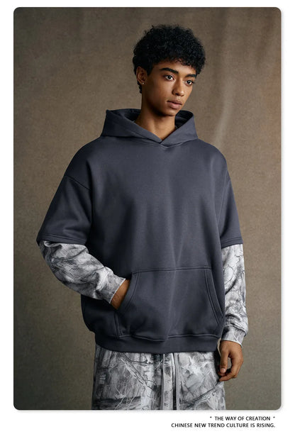 Custom LOGO Men's 2025 Autumn New 340G fleece-lined Fake Two-piece Camouflage Sweater T-Shirt Casual Pants Set