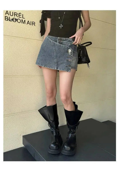DEAT Fashion High Waist Button Detailed Washed Denim Mini Skirt Women's Wrap Design Streetwear Summer Bottoms New 7A4204