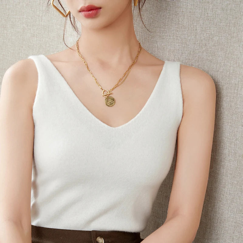 Women's Spring and Autumn 2026 New 100% Merino Wool V-Neck Pullover Knitted Suspender Casual Soft Inner Vest Women's Clothing