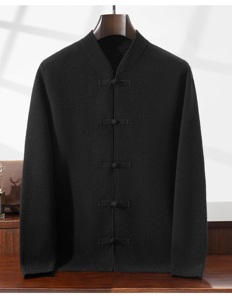 100%Pure Wool Chinese style buckle Cardigan Men Sweater Casual Comfort Knitted Long Sleeve Men's Wool Sweater Spring Autumn Coat