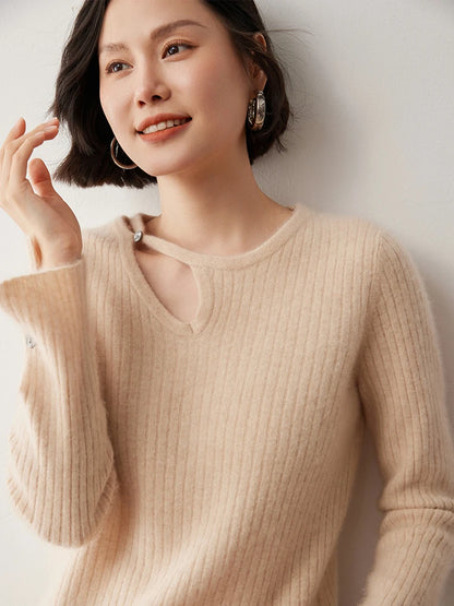 CHICUU Women's 100% Cashmere Knit Pullover Sweater Cut Out Collar Long Sleeve Pullover Autumn Winter Basic Cashmere Knitwear Top