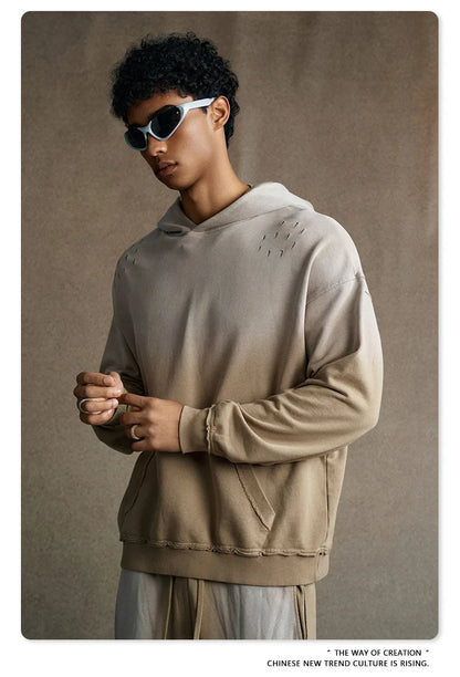 Custom LOGO men's 2025 autumn 370G heavy 100% cotton gradual change hole hooded sweater straight trousers set